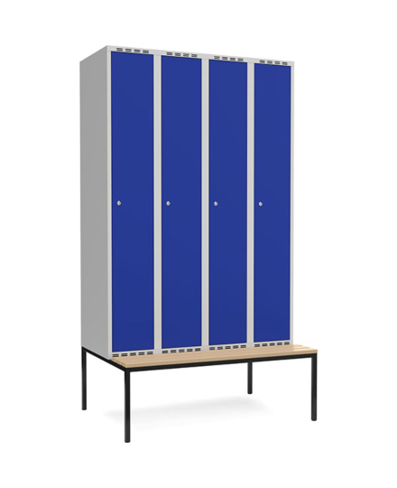 Klädskåp 4x300mm plant tak, blå dörr med cylinderlås och sittbänk